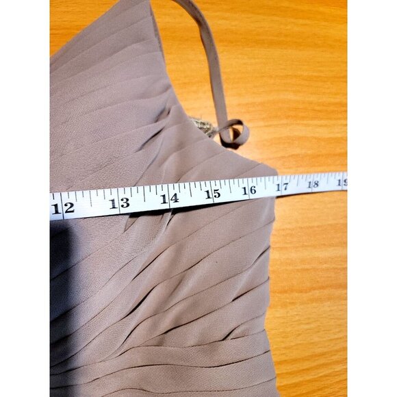 Azazie Bridesmaid Dress A10 Long Lace Pleated Romantic Taupe Chiffon Flowy Femme - Picture 4 of 16